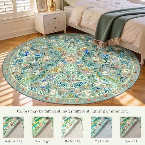 nesrt Boho Washable Round Bird Rug 8ft for Living Room, Soft Non-Slip Large Indoor Circle Rug, Low Pile Jungle Floral Decorative Nursery Carpet for Bedroom Dining Room Farmhouse Playroom (Green) - Image 2
