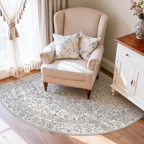 jinchan 5x5 Washable Corner Area Rug, Soft Floral Non-Slip, Blue/Cream - Image 2