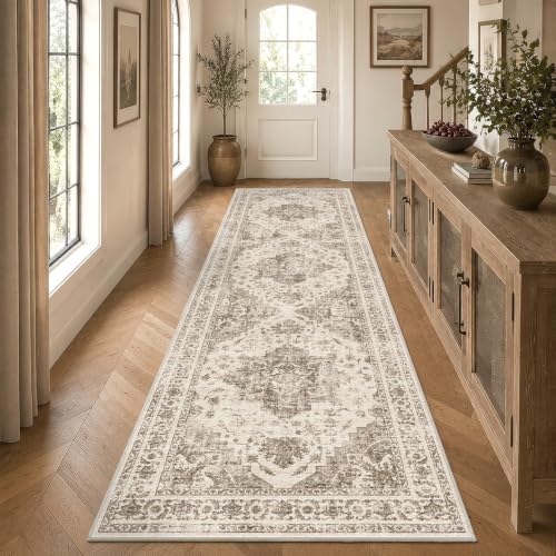 3x10 Washable Kitchen Runner Rug Soft Medallion Taupe Throw Carpet - Image 4