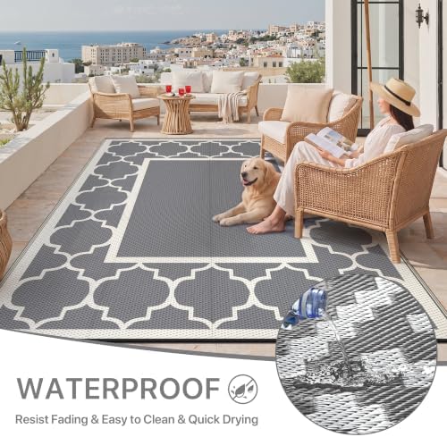 GENIMO Outdoor Rug, Waterproof Plastic Rugs for Patio, 9'x12' Grey White - Image 6