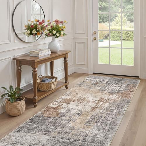 DMOYEST Washable Runner Rug for Hallway: 3x8 Neutral Modern Abstract Low Pile Area Rug with Non-Slip Backing - Carpet for Bedroom Kitchen Laundry Entryway Bathroom Indoor - Grey Brown - Image 4