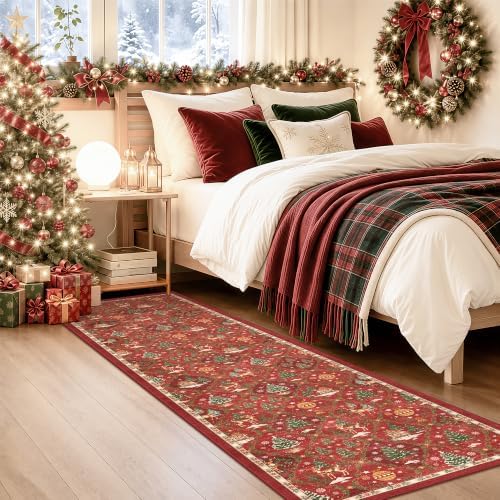 Christmas Runner Rug 2x8 for Hallway, Red Non Slip Washable Low Pile Rug - Image 2