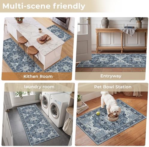 3 Piece Kitchen Rugs Sets with Runner, Washable Non Slip Soft Boho Kitchen Mats, Low Pile Stain Resistant Carpet for Hallway, Laundry Room, Entryway, Home Decor (20"x32"+20"x48"+20"x59", Navy Blue) - Image 6