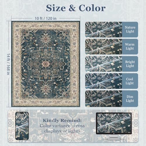 Large 10x14 Area Rugs, Washable Non Slip Big Rug for Living Room Bedroom, Distressed Medallion Vintage Big Carpet Rugs for Dinig Room Family Rooms, Low Pile Thin, Deep Blue/Multi - Image 2