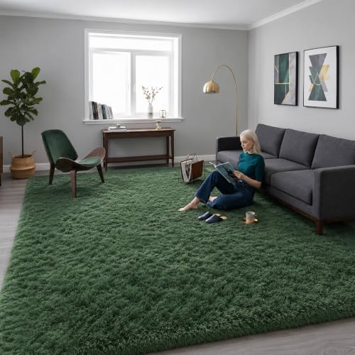 8x10 Ft Green Fluffy Area Rug for Living Room, Soft Washable by OHWPEAT