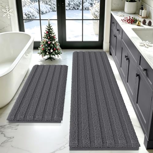 Striped Grey Bathroom Rug Mat Set 2 piece 32"x20"+60"x20" Ultra Soft, Non Slip Chenille Bath Rugs, Absorbent Plush Shaggy Bath Mats for Bathroom, Bedroom, Kitchen, Shower, Tub,Dark Gray, Charcoal by ACCUMTEK