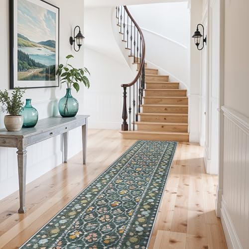 2.6x12 Kitchen Runner Rug Washable - Vintage Non Slip Hallway Rugs Low Pile Carpet for Bedroom Laundry Soft Indoor Floor Mat - Safe Durable Choice for Married Women with Kids & Pets 2’6x12 Green - Image 4