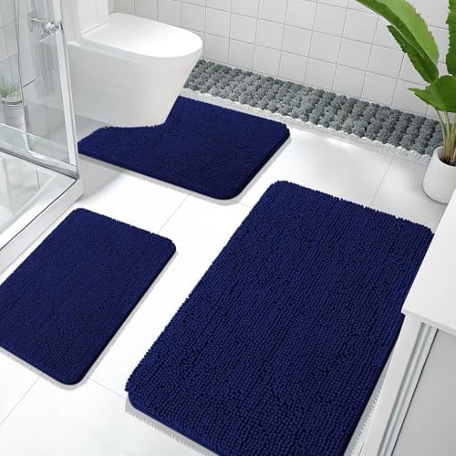 OLANLY Chenille Bathroom Rugs Sets 3 Piece, 36"x24"+24"x16"+24"x20", Navy by OLANLY