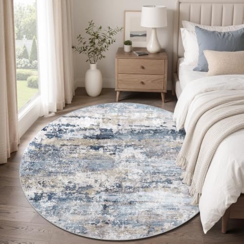 pmtsns Round Rug 4ft for Bedroom: Washable Circle Rug Modern Abstract Neutral Soft Non-Slip Low-Pile Entryway Carpet for Living Room Dining Room Nursery Home Office (Blue Grey Brown, 4' Round) - Image 2