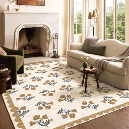 Beige 9x12 Area Rug for Living Room, Soft Washable Boho Bedroom Rug by Othilic