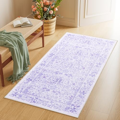 DUKINO 2x4 Rug, Washable Vintage Floral Bathroom Runner Rug, Purple by DUKINO