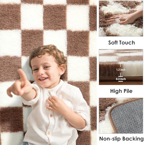 KICMOR 4x6 Brown and Cream White Area Rugs for Bedroom, Fluffy Shag Shaggy Fuzzy Checkered Living Room Rug, Soft and Comfy Bedside Carpet, Furry Plush Rug for Kids Room Nursery Home Decor Aesthetic - Image 2