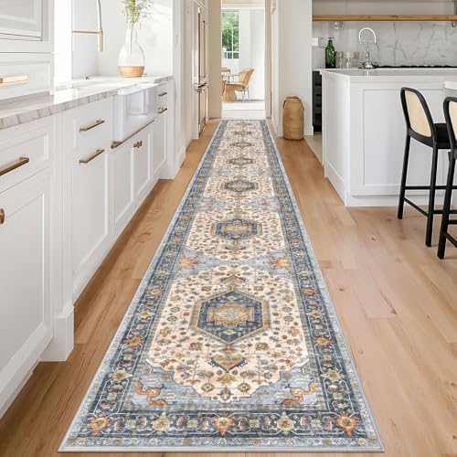 KUTA Extra Long Runner Rug for Hallway 2.6x18 Ivory Blue Vintage Washable - Image 2