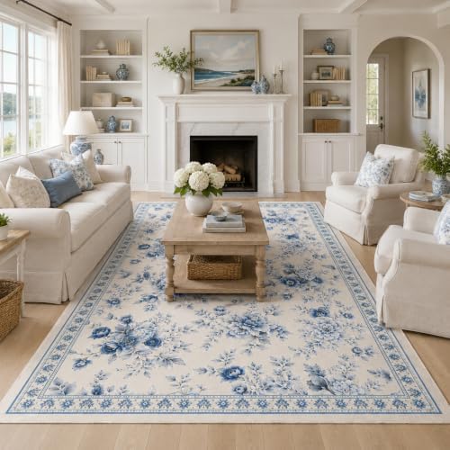 Helthep Floral Soft & Non-Slip Area Rug – Ultra-Thin Faux Cashmere, Pet-Friendly, Easy to Clean, Durable TPR Backing – Elegant Flower Pattern for Bedroom & Living Room (Light Blue/Cream, 5' x 7') - Image 2