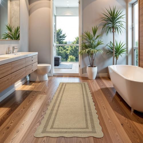 LIVEBOX Scalloped Washable 2x6 Kitchen Runner Rug, Easy Jute Geometric Tan Rugs for Entryway Hallway, Indoor Outdoor Non Slip Rug Farmhouse Modern Carpet Door Mat for Porch Bedroom Laundry Room - Image 3