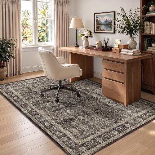 Washable Area Rug 4'x6' Living Room, Vintage MCM, Black/Brown/Beige - Image 3