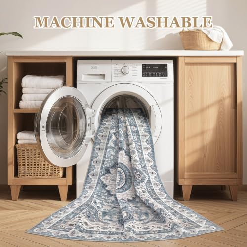 Area Rugs 9x12 Living Room: Washable Vintage Blue Rug - Image 4