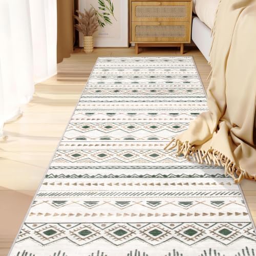 Runner Rug 2x7 Boho Geometric Area Rugs: Washable Kitchen Entryway Rug, Soft Non Slip Moroccan Long Hallway Rugs for Bedroom Bathroom Laundry Entryway Staircase Foyer(Brown Green,2'x7') by AOYAOMI
