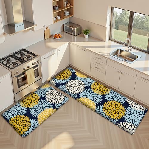 Kitchen Mats Set of 2 Cushioned Anti Fatigue Kitchen Rugs Non Slip Waterproof Kitchen Runner Memory Foam Floor Mat Comfort Standing Mat for Sink,Office,Laundry, Navy Yellow - Image 2