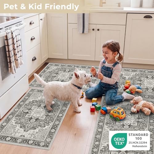 3 Piece Kitchen Rugs Sets with Runner, Washable Non Slip Soft Boho Kitchen Mats, Low Pile Stain Resistant Carpet for Hallway, Laundry Room, Entryway, Home Decor (20"x32"+20"x48"+20"x59", Gray) - Image 5