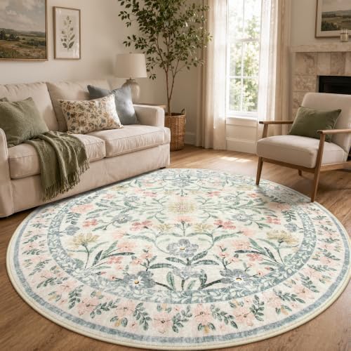 Wonnitar Round Washable Rug, Soft Floral Round Rugs 5ft Circle Carpets for Bedroom Ultra-Thin, Boho Beige Print Distressed Circular Carpet for Living Room Dorm Bedside by Wonnitar