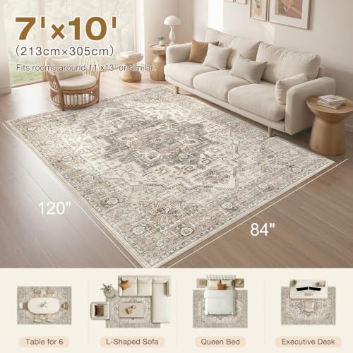 7x10 Area Rug: Washable Vintage Light Brown Rugs for Living Room - Image 2
