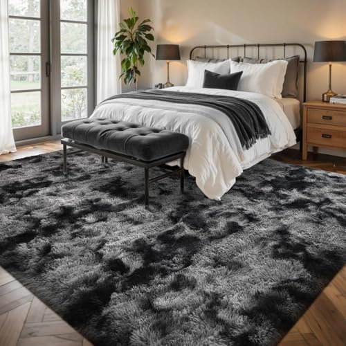 5x7 Ft Large Shag Rug for Living Room Bedroom,Tie-Dyed Ultra Soft Fluffy Furry Area Rug, Aesthetic Carpet for Indoor Floor Home Decor(Dark Grey) - Image 3