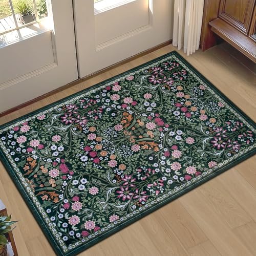PLHXFR 2x3 Small Entryway Rug: Floral Washable Indoor Carpet Dark Green by PLHXFRSoftAreaRugs