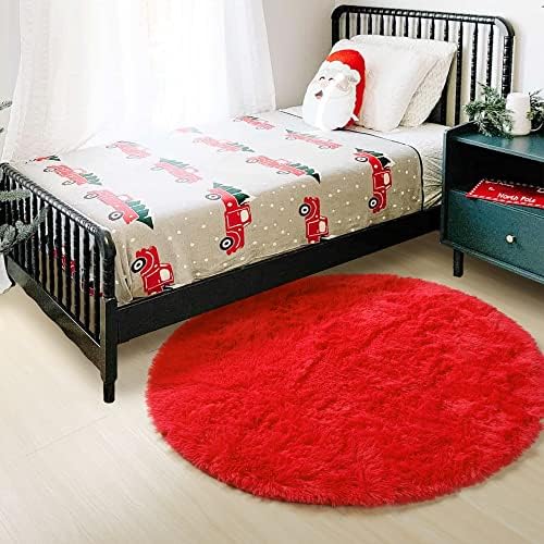 PAGISOFE Red Round Rugs for Livingroom, Circle Rugs 5x5 Feet, Ultra Soft Children Rugs for Boys/girls Bedroom, Fluffy Carpets, Shaggy Rugs, Small Teepee Furry Mat, Comfy Reading Rug, Circular Rug - Image 6