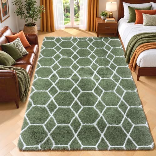 Area Rugs for Bedroom Living Room, 4x6 Fluffy Olive Green and White Rug by ONASAR