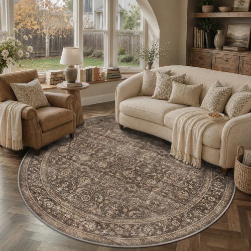 JOOJA 6x6 Dark Brown Vintage Low Pile Washable Boho Round Living Room Rug by JOOJA