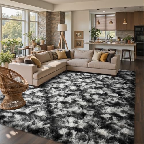 8x10 Ft Extra Large Shag Rugs for Living Room, Tie Dyed Ultra Soft Fluffy Furry Area Rugs for Bedroom Indoor Floor, Aesthetic Carpet for Kids Home Decor (Black Grey) by Cuzwlovita