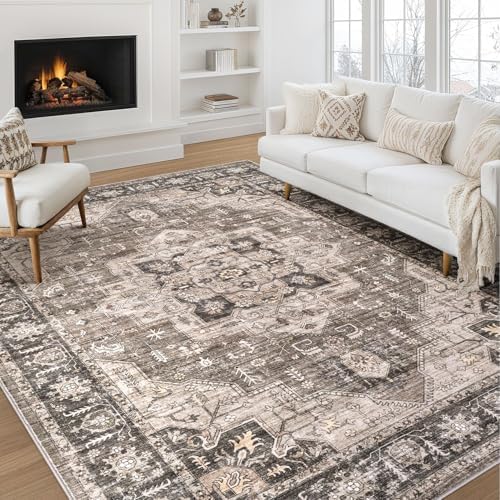 8x10 Area Rugs for Living Room: Washable Vintage Dark Brown Rug by ZUNTKON