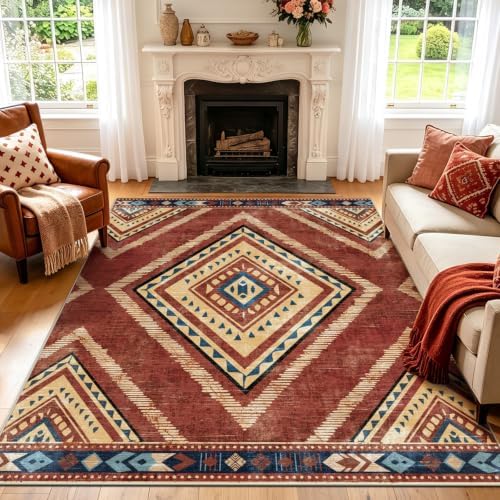 Boho Washable Rugs 5x7ft for Living Room, Vintage Red Soft Bedroom Kids Nursery Area Rugs Non Slip, Moroccan Thin Dining Room Area Floor Carpets for Playroom Kitchen Home Office Decor by Geanlod