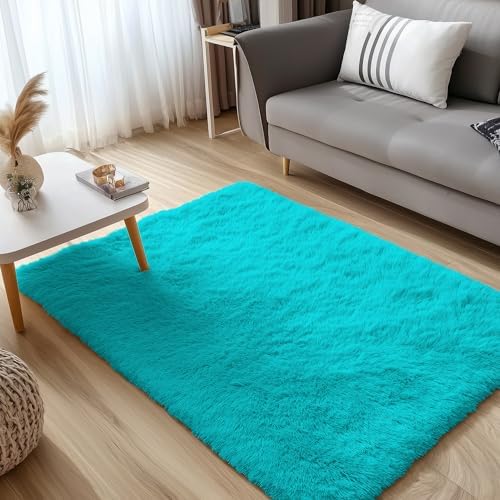 OLANLY 3x5 Machine Washable Small Bedside Rug, Soft Fluffy Shaggy Rugs for Living Room, Bedroom, Indoor Floor Carpet for Kids Girls and Boys, Preppy Dorms, Nursery, Home Decor Aesthetic, Teal Blue - Image 3