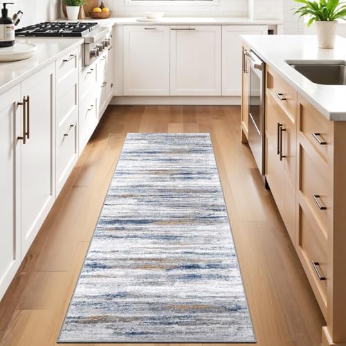 3x7 Washable Runner Rug for Family: Easy-to-Clean Runners for Hallway Entryway Kitchen Bedroom - Stain and Water Resistant Rugs with Non-Slip Backing - Soft Low-Pile Carpet Navy Grey - Image 2