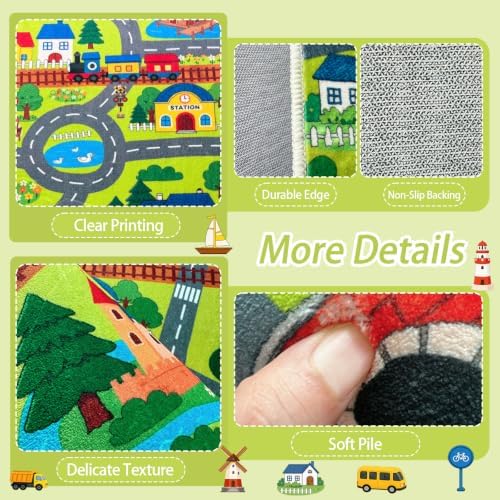 5x7 Ft Car Rug Play Mat for Kids, Non Slip Car Train Track Rug Town City Road Map Playmat for Children, Washable Carpet for Boy Playroom Bedroom - 60"x84" - Image 2