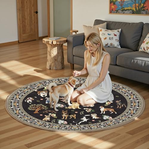 Black 4Ft Round Dogs Area Rug for Living Room Bedroom - Image 3