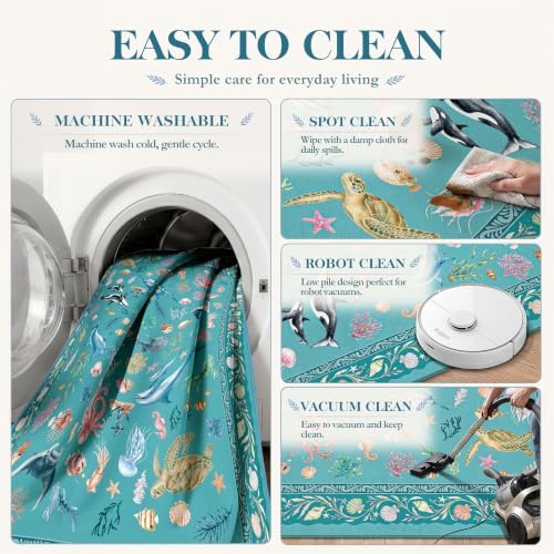 Arenarug 8x10 Washable Living Room Area Rug, Coastal Ocean Rug, Teal - Image 6