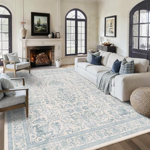 8x10 Washable Living Room Area Rug Non-Slip Vintage Blue Large Carpet - Image 5