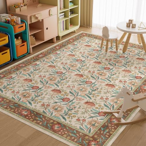 DUKINO 9x12 Area Rug for Living Room, Vintage Floral Washable Rug, Brown - Image 5