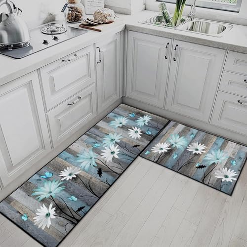 Kitchen Rugs Set of 2 Non Slip WashableFloral Butterfly - Image 2