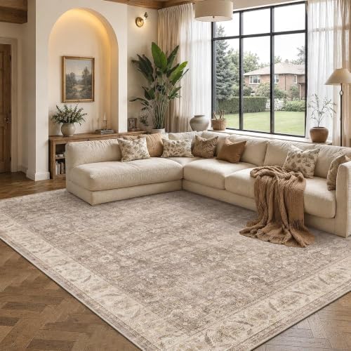 Washable 8x10 Living Room Soft Area Rug Boho Light Taupe Large Carpet by HOME