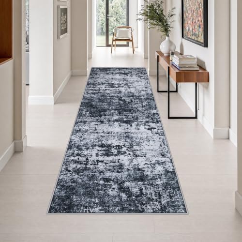 3x10 Washable Runner Rug：Modern Abstract Kitchen Carpet Black by FXRHLP