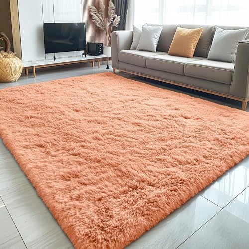 OLANLY 5x8 Machine Washable Large Area Rugs for Living Room, Bedroom, Soft Fluffy Shaggy Bedside Rug, Indoor Floor Carpet for Kids Girls and Boys, Dorms, Nursery, Home Decor Aesthetic, Muted Orange - Image 3