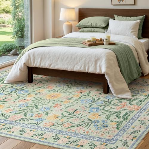 Wonnitar Washable Floral 6x9 Rug, Soft Green Area Rug Boho Non Slip Dining Room Carpet, Non-Shedding Flower Floor Carpets for Kids Bedroom Living Room Dorm Playroom - Image 6