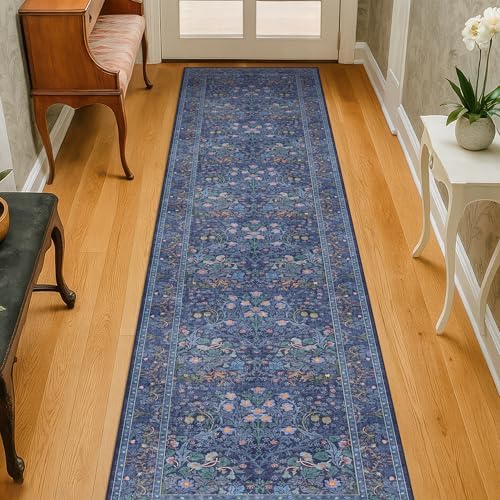Dark Blue Washable 2x8 Runner Rugs Non Slip for Hallway, Bathroom, Kitchen, Entryway - 8ft Long Low Pile Carpet Runner, Floral Pattern Indoor Floor Mats Stain Resistant Home Décor by HazoHaus