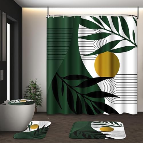 Bathroom Sets with Shower Curtain and Rugs, Set of 4, Boho Leaves by Tayney