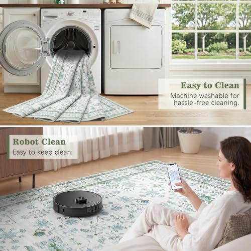 DCX Washable 5x5 Round Area Rug, Blue Green Vintage Oushak Floral - Image 6