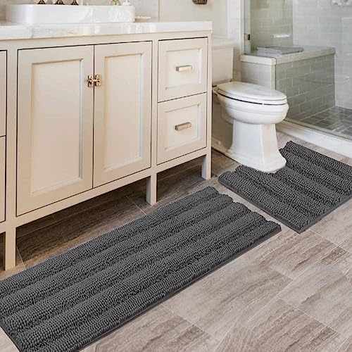 H.VERSAILTEX Bathroom Rugs Bath Rug Set 2 Piece Bathroom Contour Rug Toilet Mat Sets Non Slip Contour Bath Rug Ultra Thick Water Absorbent Striped Bath Mats Washable(47" x 17" Plus 20" x 20" U, Grey) by HVERSAILTEX